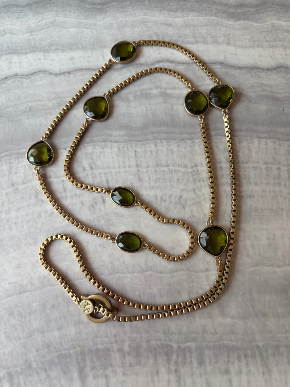 AK Gold Plated Chain Necklace with Olive Green Crystals